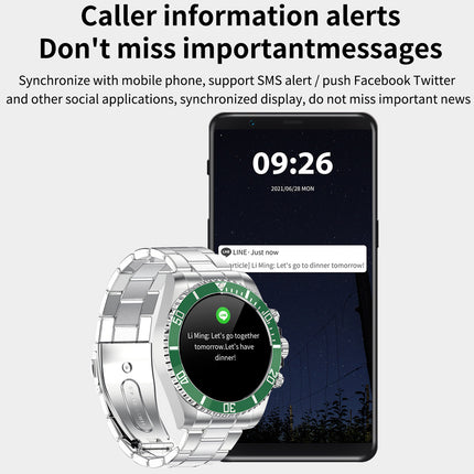 A silver smartwatch with a green accent ring is shown in front of a black smartphone on a light gray background, with promotional text at the top about caller information alerts and SMS/social app notifications.