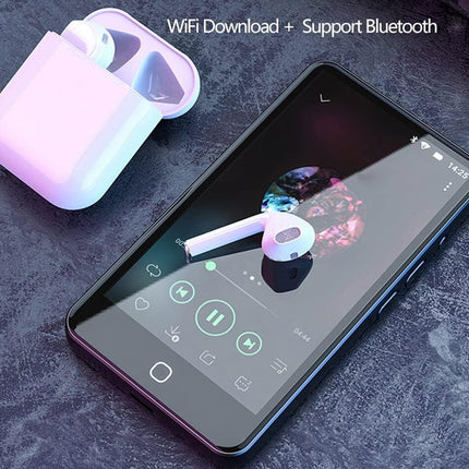 Smartphone displaying wireless earbuds on a dark surface with text about WiFi download and Bluetooth support.