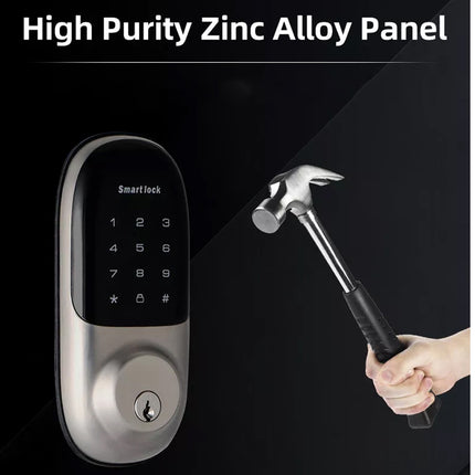 Smart lock with digital keypad and high purity zinc alloy panel, shown with a hammer attempting to break it.