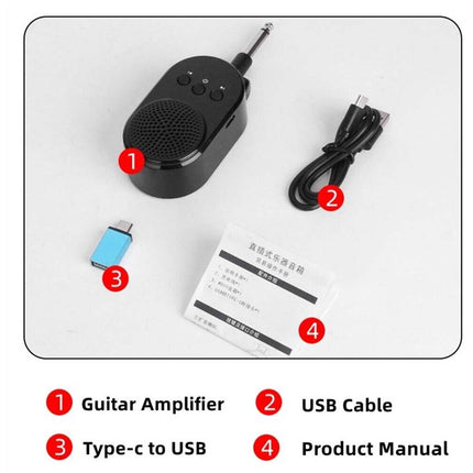 Guitar amplifier kit on a white background, including a black guitar amplifier (labeled 1), a black USB cable (labeled 2), a small blue adapter (labeled 3), and a product manual (labeled 4), with numbered labels at the bottom.