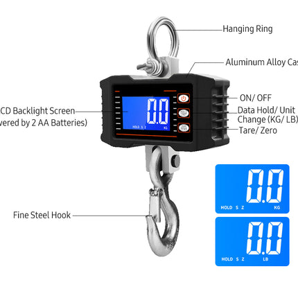 Digital hanging scale with labeled parts on a white background