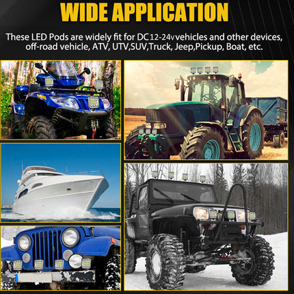 LED pods application on various vehicles including an ATV, tractor, boat, and jeep.