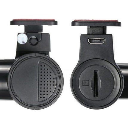 A pair of black dual-camera car dashcams shown from the front and back against a plain white background.