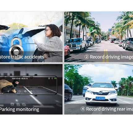 Collage of a car's video recording features including traffic accident restoration, driving image recording, parking monitoring, and rear image recording.