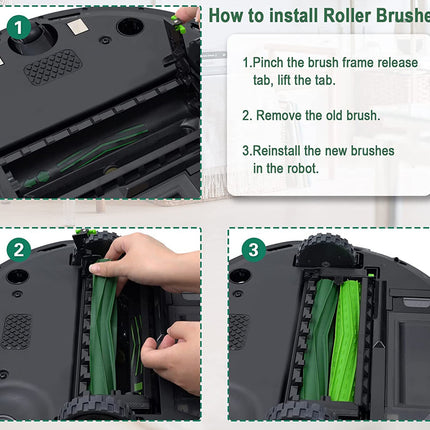 Step-by-step guide on how to install roller brushes with close-up images and text instructions.