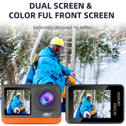 Action camera with dual screen feature in a snowy landscape