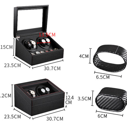 Black watch winder with dimensions and carbon fiber texture details on a white background
