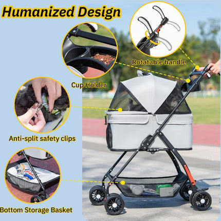 Pet stroller with highlighted features on a blue background