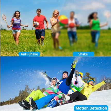 Comparison of 'Anti-Shake' and 'Shake' effects on a group of people playing sports, with 'Motion Detection' on a snowy scene.