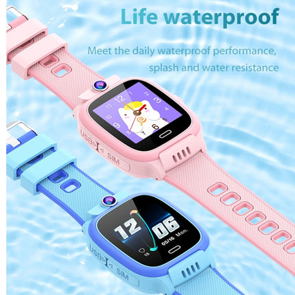 Two kids' smartwatches with textured silicone straps, one pink and one blue, displayed against a light blue water-texture background with promotional text reading 'Life waterproof'.