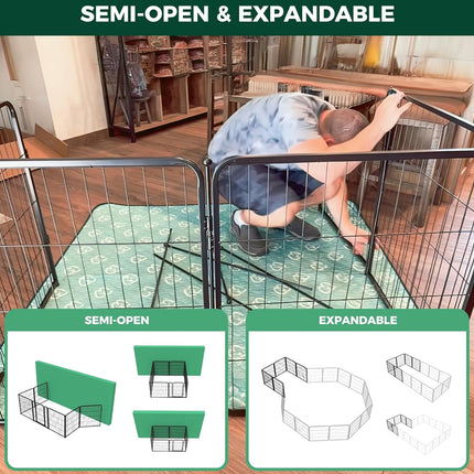Pet playpen with 'Semi-Open & Expandable' text, showing a person inside and diagrammatic representations.