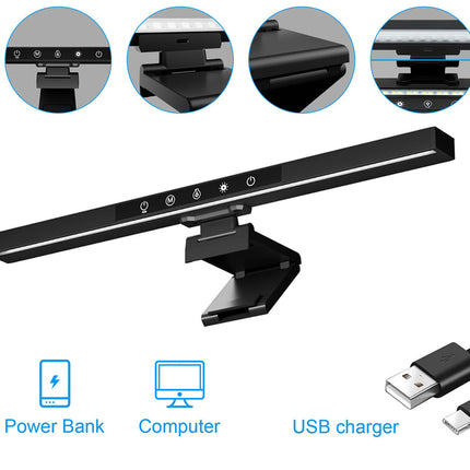 Black USB-C charging bar with a built-in LED light strip and mounting bracket, shown on a white background with three circular detail insets at the top and blue icons at the bottom indicating use with a power bank, computer, and as a USB charger.