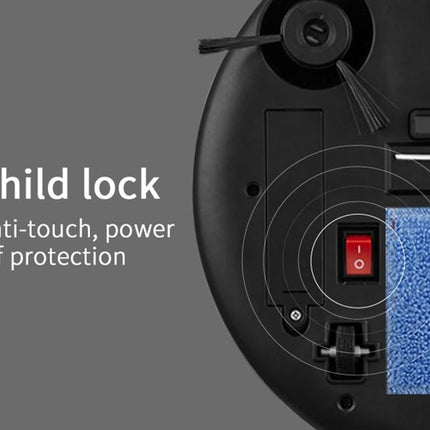 Close-up of a device with a child lock feature and anti-touch, power-off protection on a gray background.