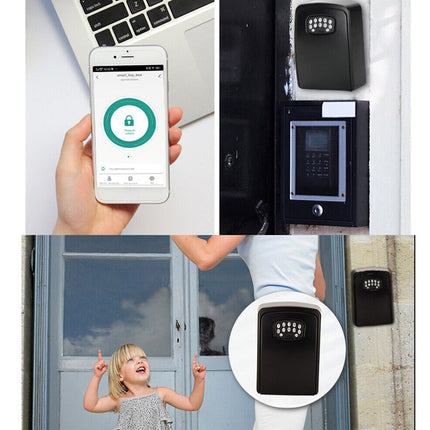 Collage of a smartphone app, digital lock, and child opening a door.