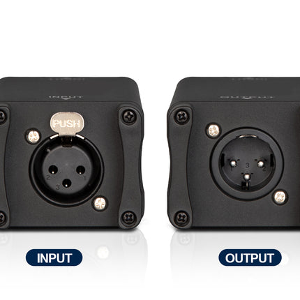 Two black audio connectors labeled 'Input' and 'Output' on a white background.