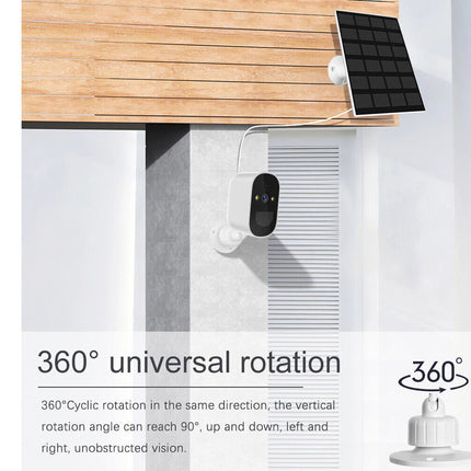 Camera system with solar panel and 360-degree rotation capabilities on a white background