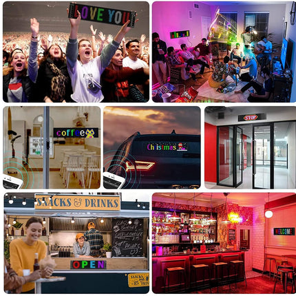 A collage of seven photos showing people in social and commercial settings: cheering at a concert, a party with neon lights, a cafe interior, a car with a sign, a storefront entrance, a street food stall, and a bar interior.