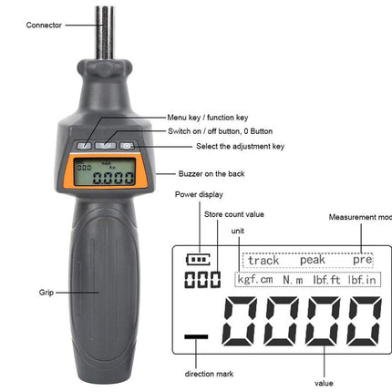 Digital torque wrench with labeled parts on a white background