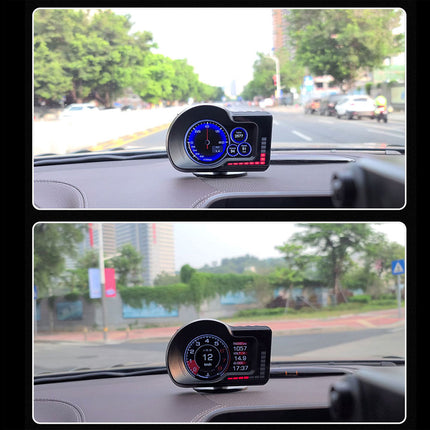 Car dashboard with a digital speedometer and navigation device, showing road scenes.
