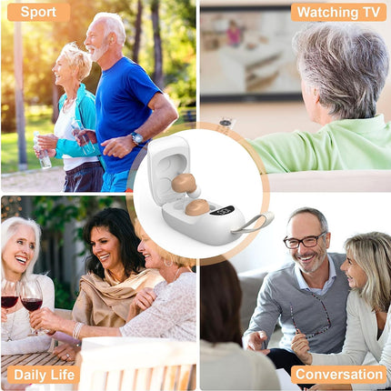 Collage of people in various settings with a focus on a product, likely a hearing aid, in the center.