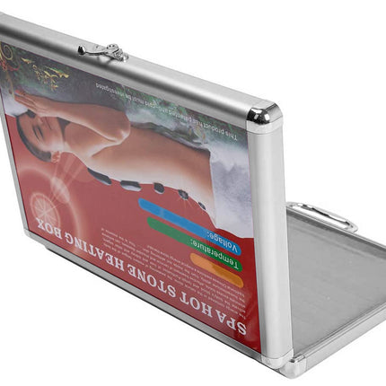 Metallic case with a promotional poster for a spa hot stone heating pad.