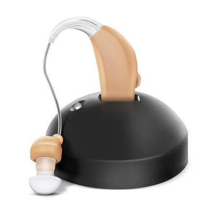 Loudspeaker with a beige earpiece on a white background