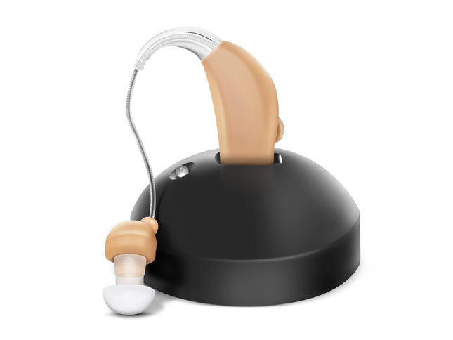 Loudspeaker with a beige earpiece on a white background