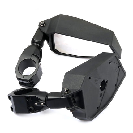 A black adjustable motorcycle or bicycle rearview mirror with a mounting clamp, shown on a plain white background.