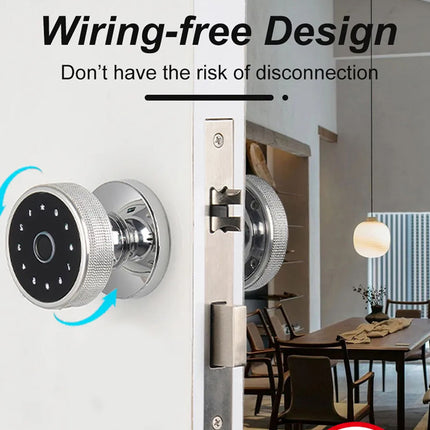 Smart door lock with wiring-free design feature on a white door, interior background.