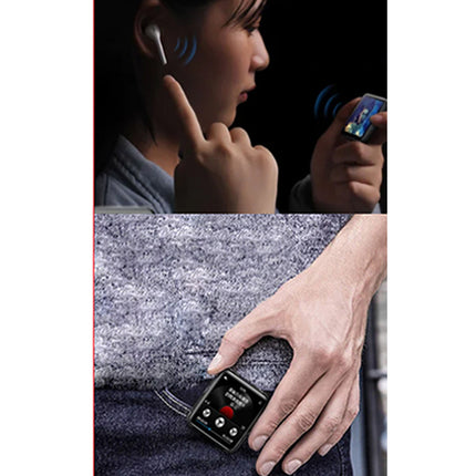 A split demonstration showing a small black rectangular electronic device: in the top panel, a person holds it near their ear and phone with blue signal graphics, and in the bottom panel, the same device is tucked into a pocket of a gray sweater while a hand holds it.