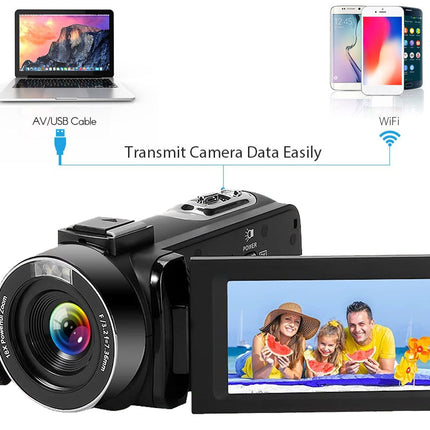 Digital camera with screen displaying a family, laptop, and smartphone on a white background