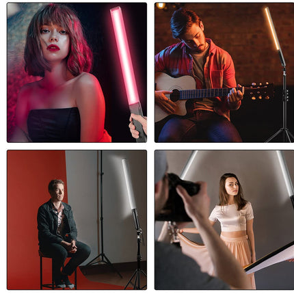 A four-panel collage showing people in studio settings with softbox lights and a pink neon-style light bar: a woman in a black strapless top, a man playing an acoustic guitar, a seated man in a dark jacket, and a photographer taking a portrait of a woman in a cream dress.