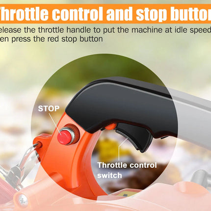 Throttle control and stop button with text instructions on a blurred background