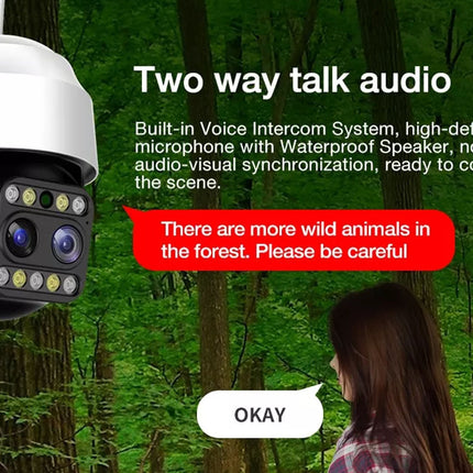 Camera with two-way talk audio feature in a forest setting