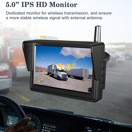 5.0" IPS HD monitor for wireless transmission on a car dashboard with truck in background.