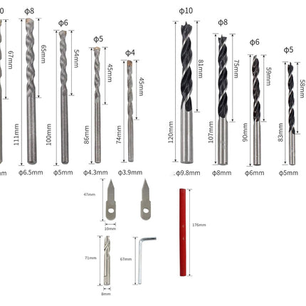 Set of drill bits with measurements on a white background
