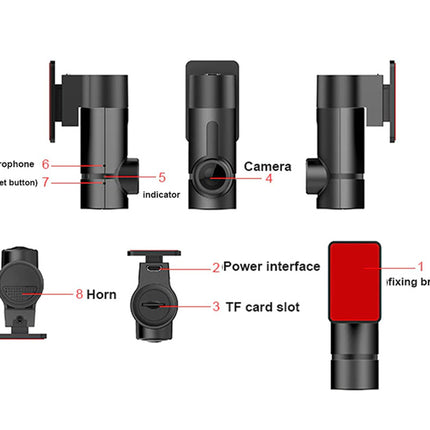Annotated product diagram showing multiple views of a black mounting bracket with labeled parts such as microphone, camera, indicator, horn, power interface, TF card slot, and fixing bracket on a white background.