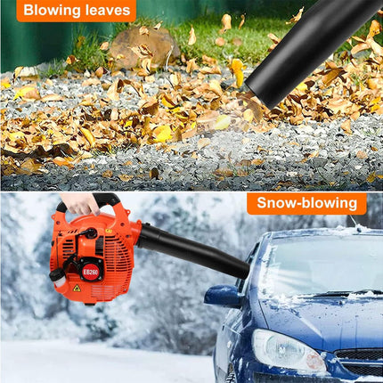 Two images showing a leaf blower and a snow blower in action.