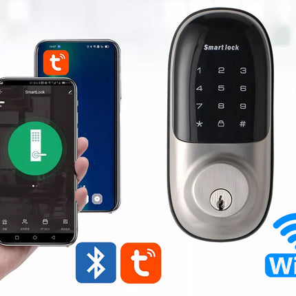 Smart lock with smartphone displaying app, Bluetooth, and Wi-Fi icons on a white background