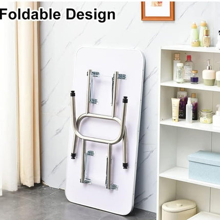 Foldable design product in a bathroom setting with shelves and toiletries.