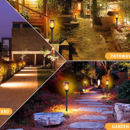 Outdoor lighting fixtures illuminating a pathway, yard, and garden.