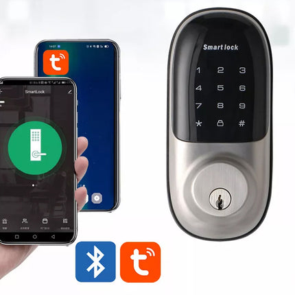 Smart lock with smartphone app interface and connectivity icons on a white background