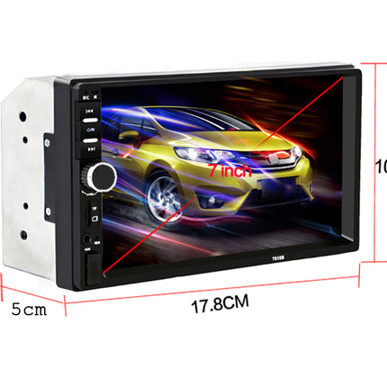 A car stereo head unit with a 7-inch screen displaying a yellow sports car, shown with red dimension lines and text indicating 17.8cm width, 10cm height, and 5cm depth on a white background.