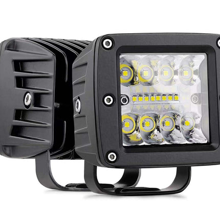 Two black LED work lights on a white background