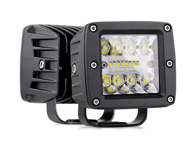 Two black LED work lights on a white background