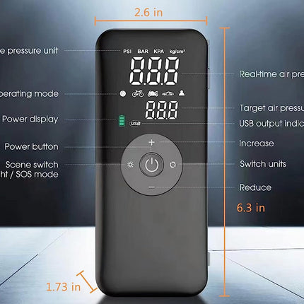 A tire pressure gauge display device shown upright on a dark studio background with overlaid dimension labels and feature callouts. The device is black with a lit digital screen and central power/control button.