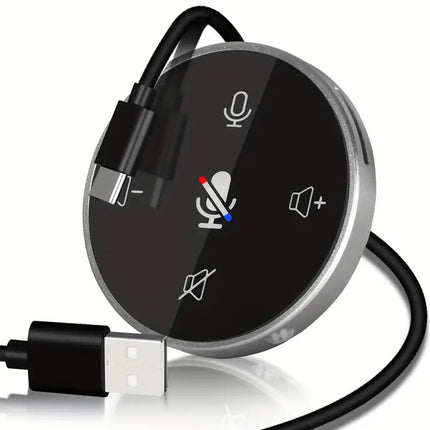 Black USB audio adapter with control buttons on a white background
