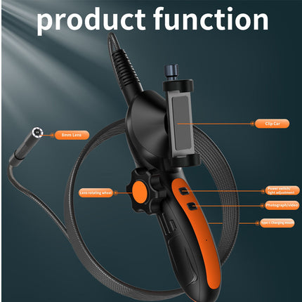 Endoscope with labeled parts on a dark background