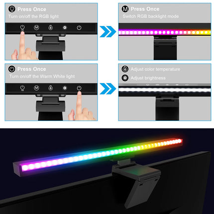 Instructional graphic showing how to use a clip-on RGB monitor light bar. The top half contains four panels with text labels and icons explaining how to turn off the RGB light, switch RGB backlight mode, warm white color, and adjust brightness by pressing once.