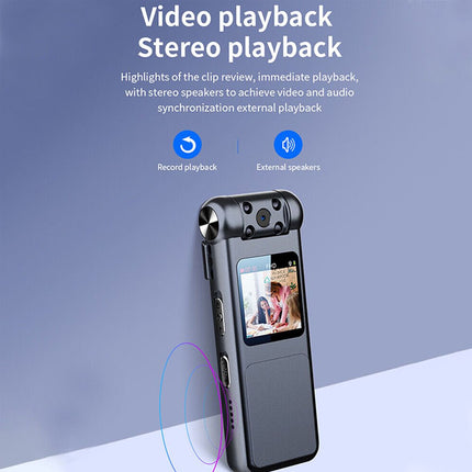 Digital voice recorder with screen on a blue background, highlighting video playback and stereo playback features.